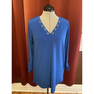 Michael Kors Blouse Sz-S Royal Blue V-Neck Metal Eyelets Gathered Cuffs Any Time